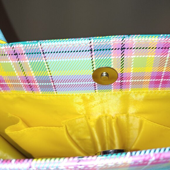 Baekgaard Real Leather Plaid Tote Purse Light Blue Hard Handles OS - Picture 8 of 9